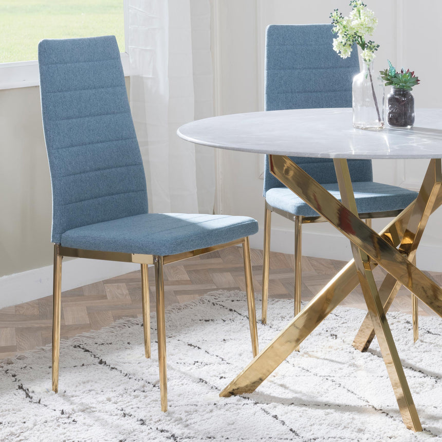 Ashley Grey Glass and Gold Metal 4 Seater Round Dining Set - 4 Rovigo Black Fabric Dining Chairs
