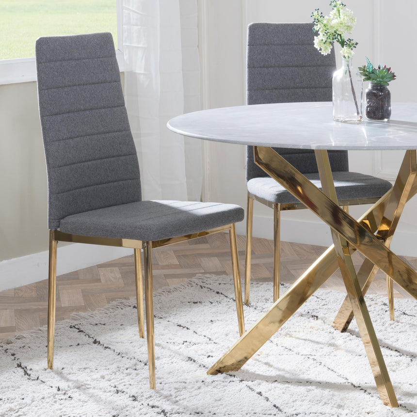 Ashley Grey Glass and Gold Metal 4 Seater Round Dining Set - 4 Rovigo Black Fabric Dining Chairs