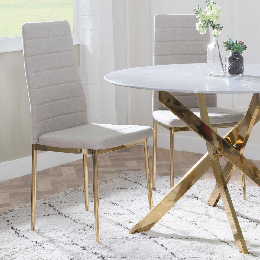 Ashley Grey Glass and Gold Metal 4 Seater Round Dining Set - 4 Rovigo Black Fabric Dining Chairs