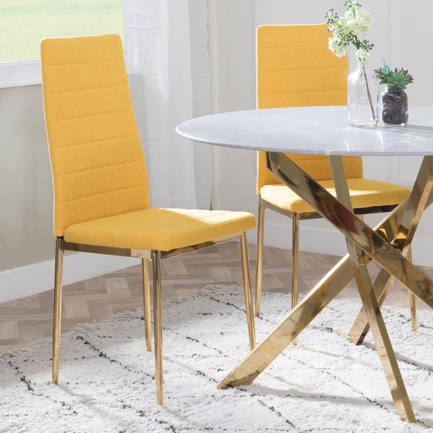 Ashley Grey Glass and Gold Metal 4 Seater Round Dining Set - 4 Rovigo Black Fabric Dining Chairs