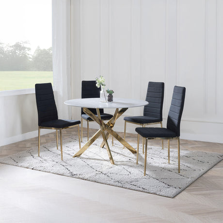Ashley Grey Glass and Gold Metal 4 Seater Round Dining Set - Rovigo Fabric Dining Chair with Gold Legs
