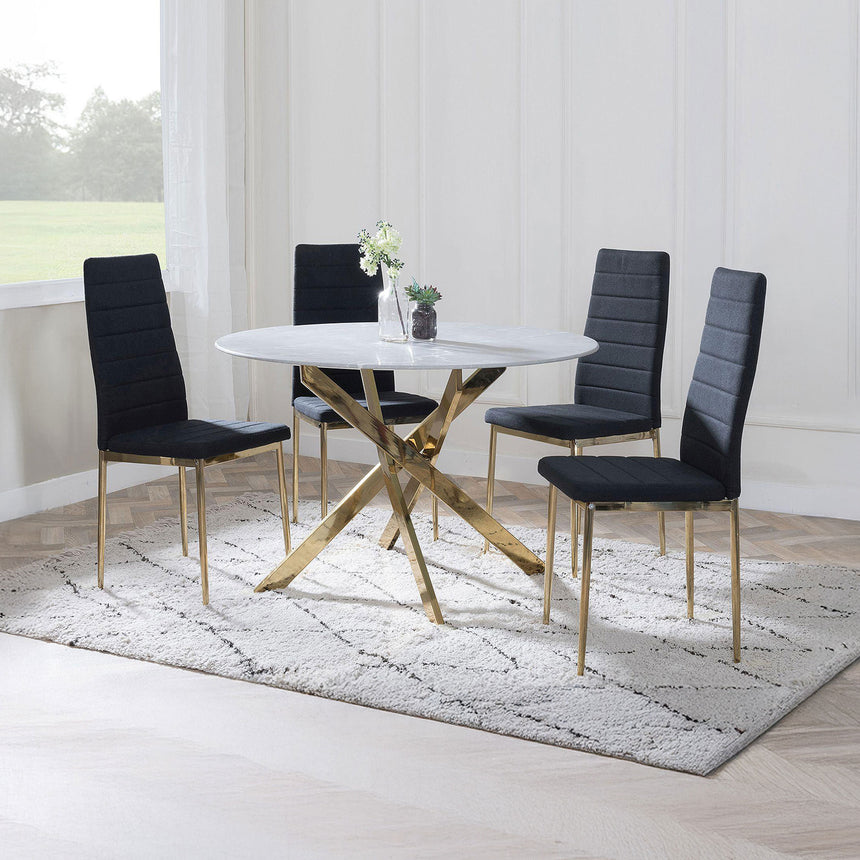 Ashley Grey Glass and Gold Metal 4 Seater Round Dining Set - 4 Rovigo Fabric Dining Chair with Gold Legs