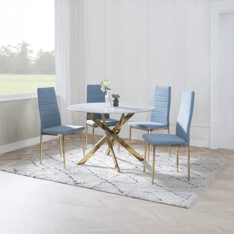Ashley Grey Glass and Gold Metal 4 Seater Round Dining Set - Rovigo Fabric Dining Chair with Gold Legs