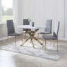 Ashley Grey Glass and Gold Metal 4 Seater Round Dining Set - 4 Rovigo Fabric Dining Chair with Gold Legs