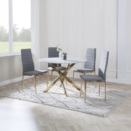 Ashley Grey Glass and Gold Metal 4 Seater Round Dining Set - Rovigo Fabric Dining Chair with Gold Legs