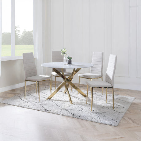 Ashley Grey Glass and Gold Metal 4 Seater Round Dining Set - Rovigo Fabric Dining Chair with Gold Legs