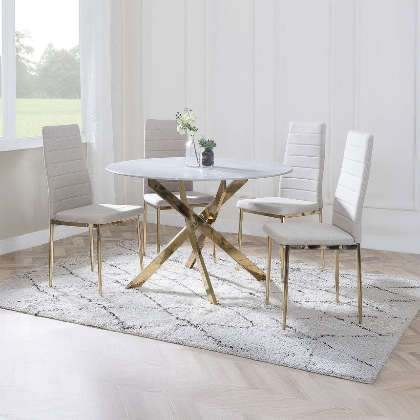 Ashley Grey Glass and Gold Metal 4 Seater Round Dining Set - 4 Rovigo Fabric Dining Chair with Gold Legs