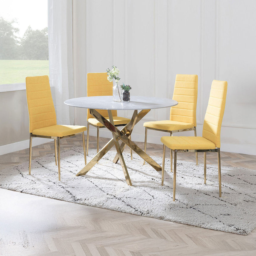 Ashley Grey Glass and Gold Metal 4 Seater Round Dining Set - 4 Rovigo Fabric Dining Chair with Gold Legs