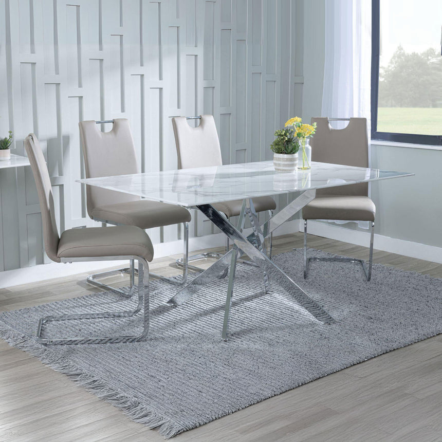 Ashley White Glass and Chrome Metal Dining Set - Marsala Faux Leather Dining Chair