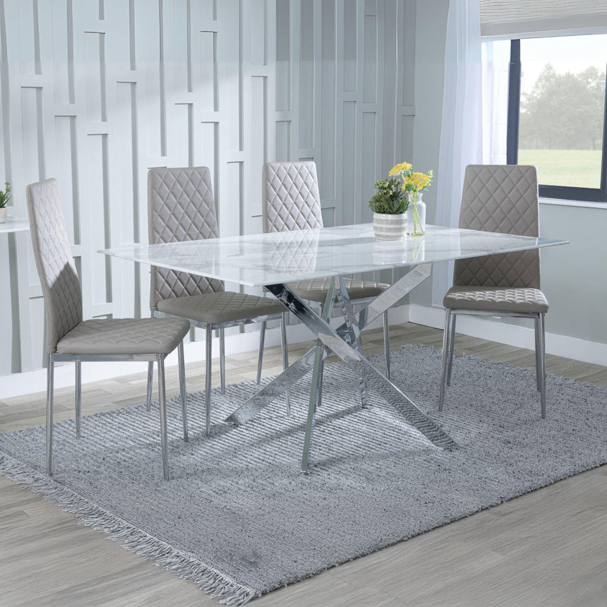 Ashley White Glass and Chrome Metal Dining Set - Novato Leather Dining Chair with Chrome Legs