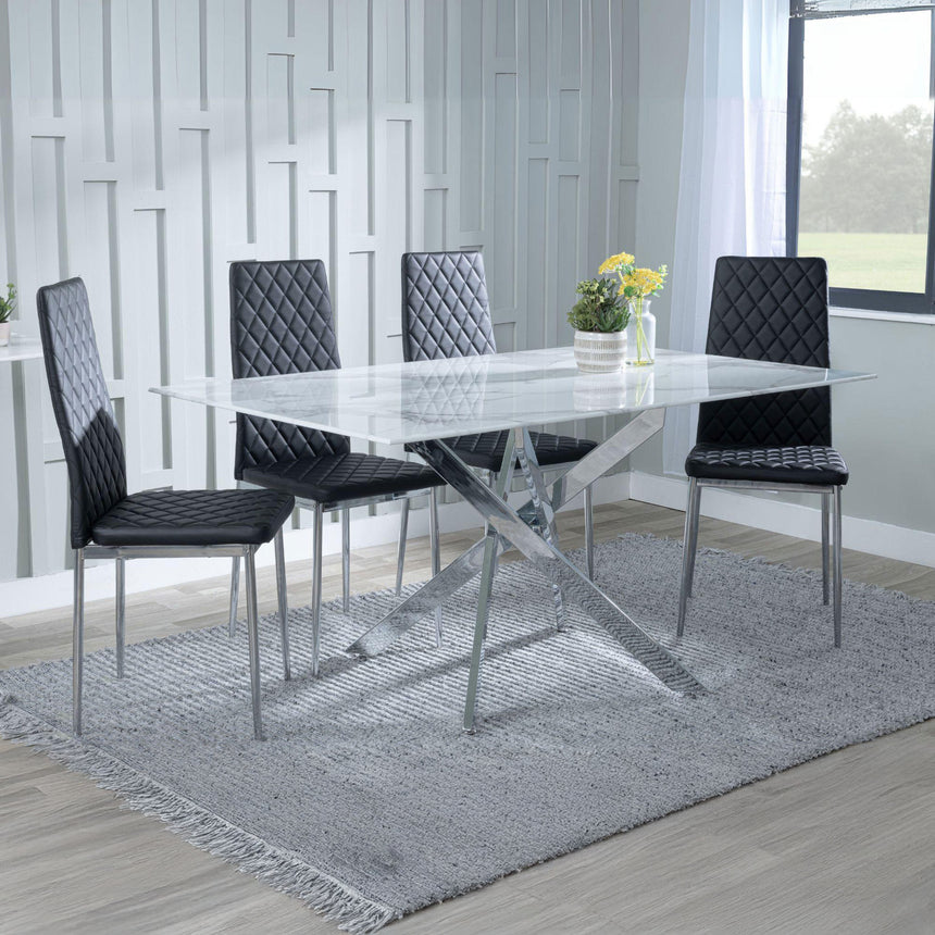Ashley White Glass and Chrome Metal Dining Set - Novato Leather Dining Chair with Chrome Legs