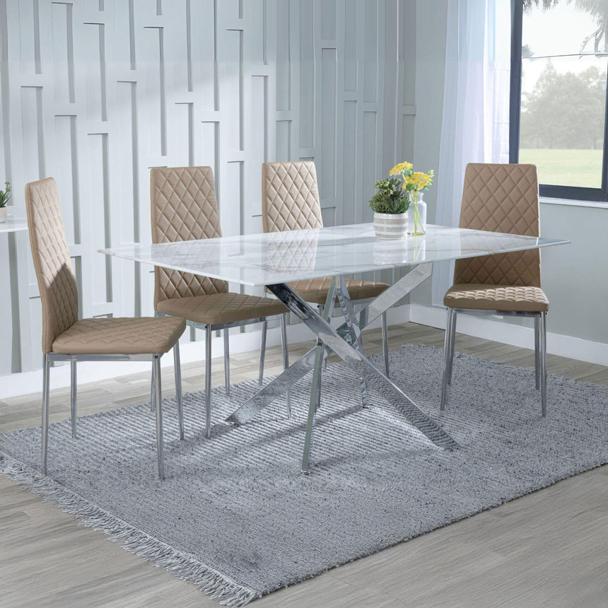 Ashley White Glass and Chrome Metal Dining Set - Novato Leather Dining Chair with Chrome Legs