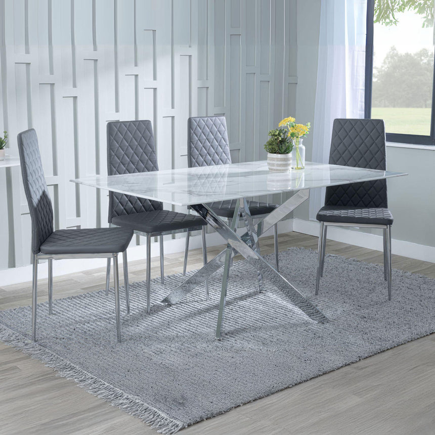 Ashley White Glass and Chrome Metal Dining Set - Novato Leather Dining Chair with Chrome Legs