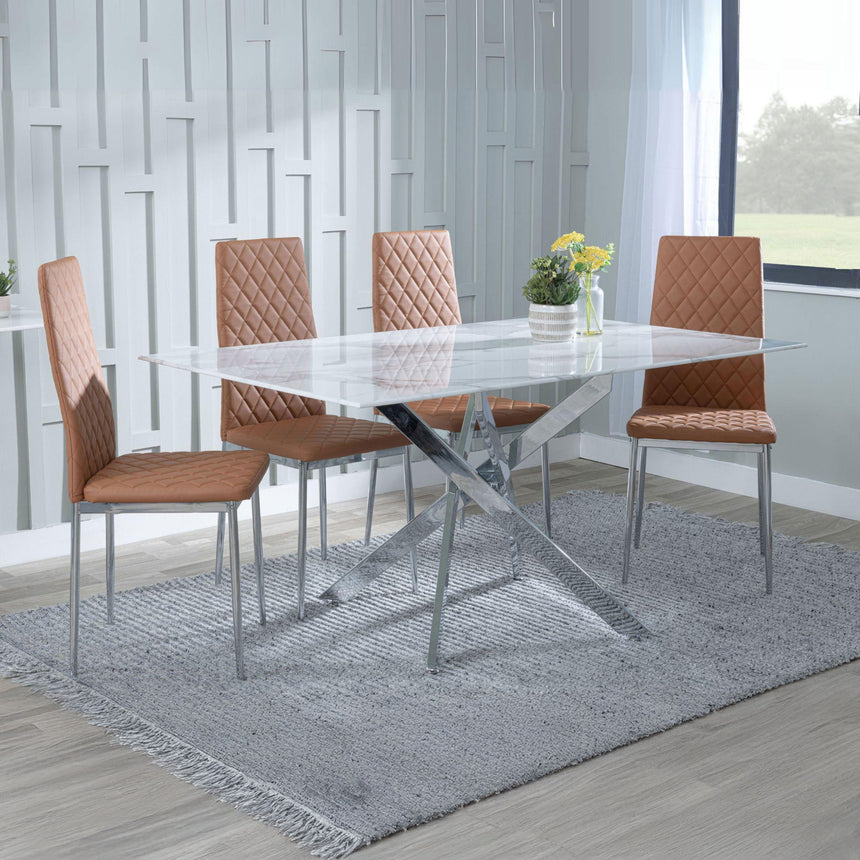 Ashley White Glass and Chrome Metal Dining Set - Novato Leather Dining Chair with Chrome Legs