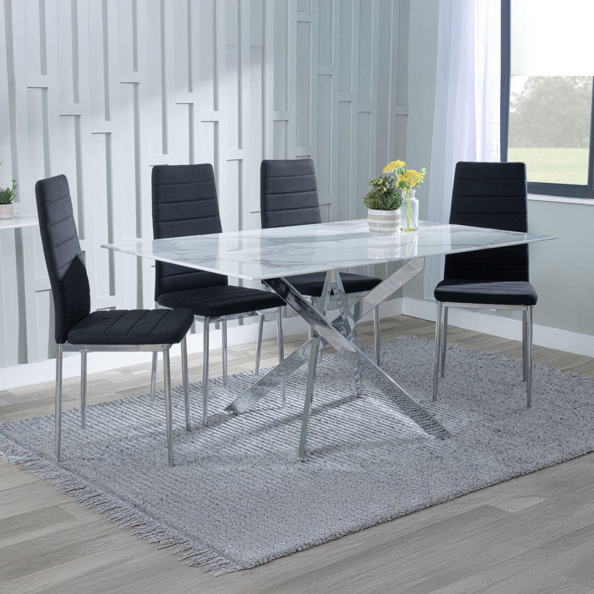 Ashley White Glass and Chrome Metal Dining Set - Rovigo Fabric Dining Chair with Chrome Legs
