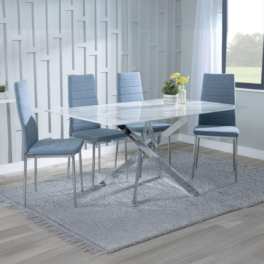 Ashley White Glass and Chrome Metal Dining Set - Rovigo Fabric Dining Chair with Chrome Legs
