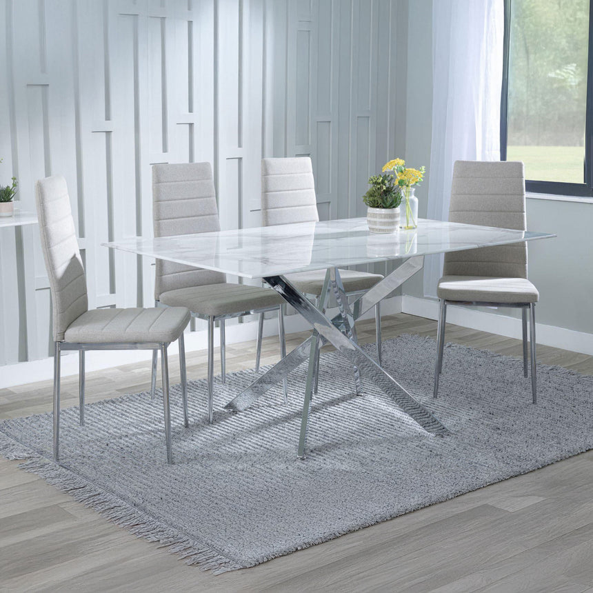 Ashley White Glass and Chrome Metal Dining Set - Rovigo Fabric Dining Chair with Chrome Legs