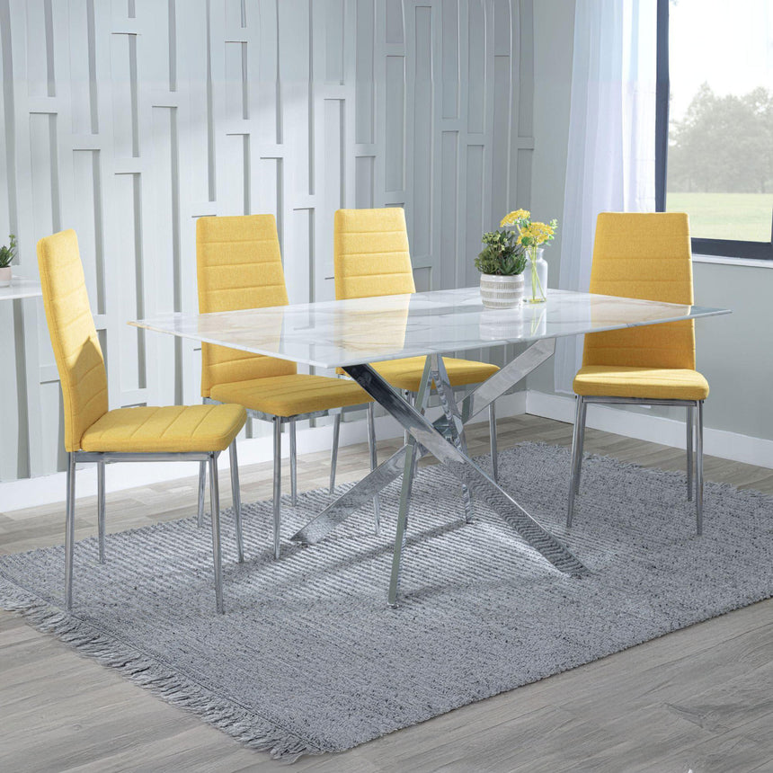 Ashley White Glass and Chrome Metal Dining Set - Rovigo Fabric Dining Chair with Chrome Legs