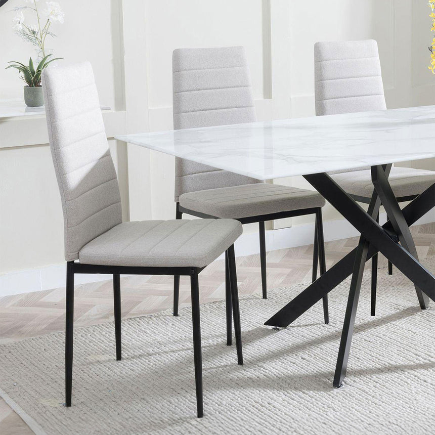 Ashley White Glass and Black Metal Dining Set - Rovigo Fabric Dining Chairs