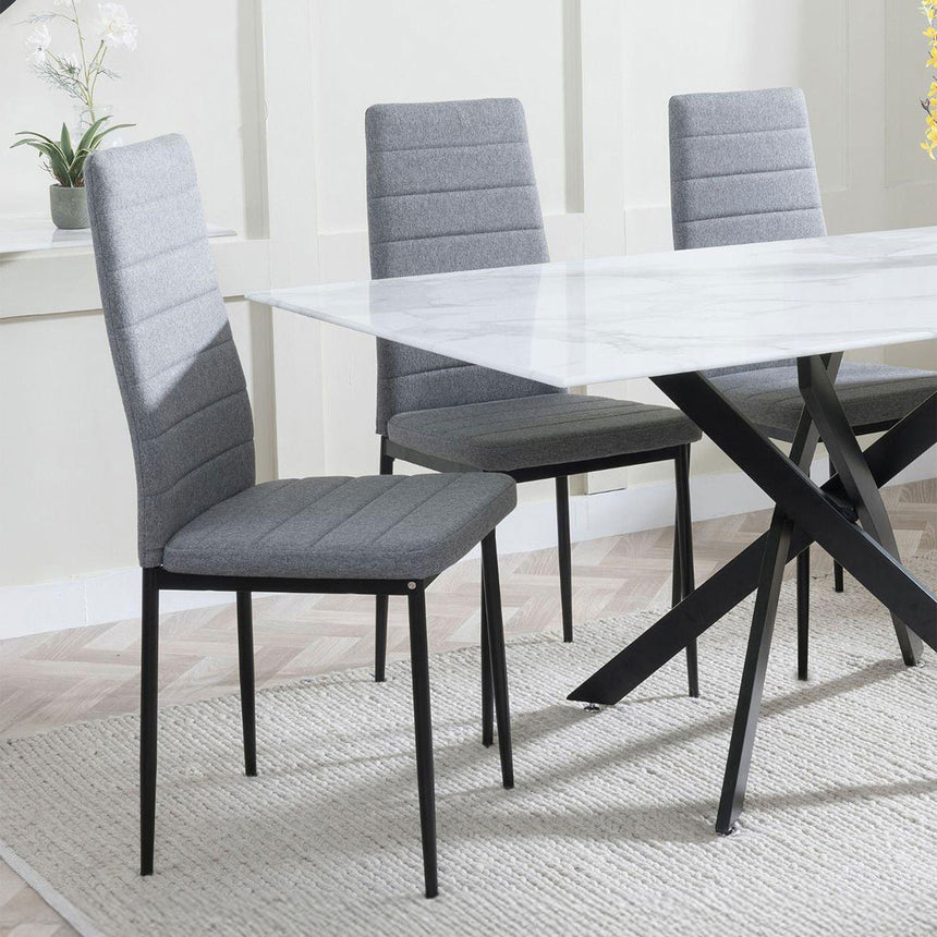 Ashley White Glass and Black Metal Dining Set - Rovigo Fabric Dining Chairs