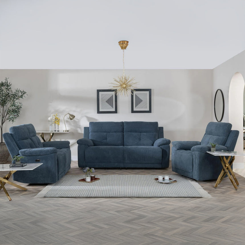 Eboli Ancona Blue Fabric Electric Recliner Sofa Set
