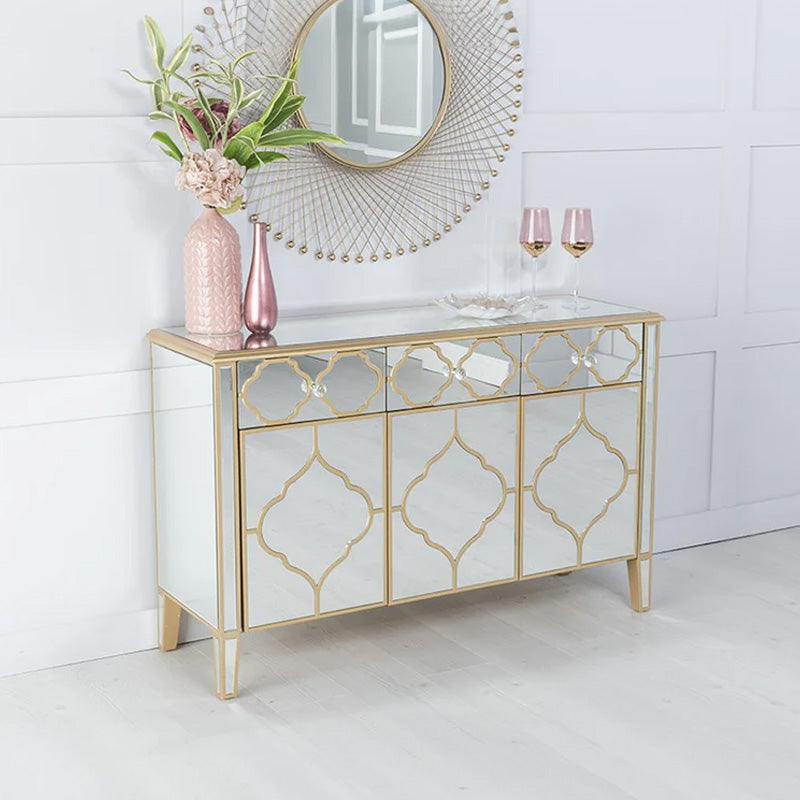 Bari Mirrored Gold Trim 3 Door Large Sideboard - 125cm