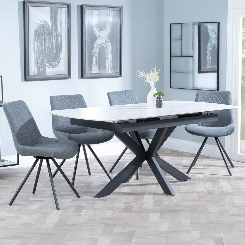 Licata White Ceramic Extending Dining Set - Messina Dark Grey Fabric Swivel Dining Chair
