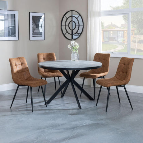 Barking Grey Concrete Effect 4 Seater Round Dining Set with Spider Legs - Bolzano Fabric Dining Chair