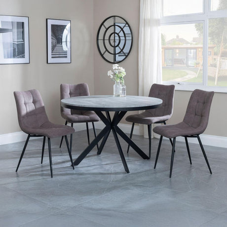 Barking Grey Concrete Effect 4 Seater Round Dining Set with Spider Legs - Bolzano Fabric Dining Chair