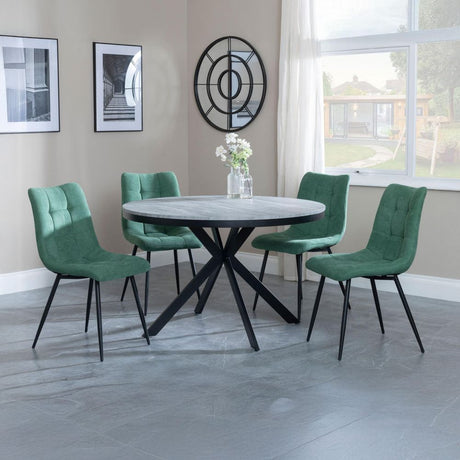 Barking Grey Concrete Effect 4 Seater Round Dining Set with Spider Legs - Bolzano Fabric Dining Chair