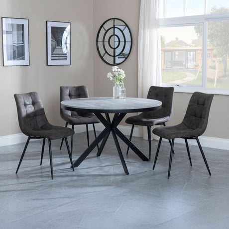 Barking Grey Concrete Effect 4 Seater Round Dining Set with Spider Legs - Bolzano Fabric Dining Chair