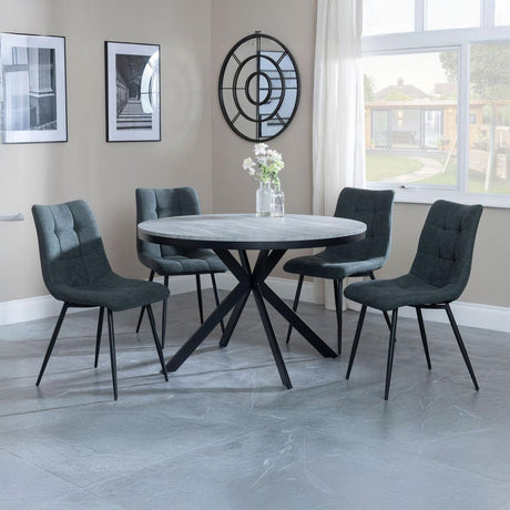 Barking Grey Concrete Effect 4 Seater Round Dining Set with Spider Legs - Bolzano Fabric Dining Chair