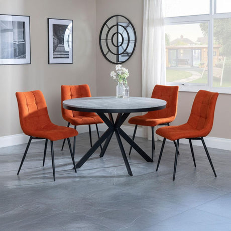 Barking Grey Concrete Effect 4 Seater Round Dining Set with Spider Legs - Bolzano Fabric Dining Chair