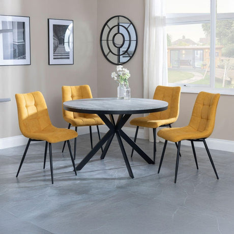 Barking Grey Concrete Effect 4 Seater Round Dining Set with Spider Legs - Bolzano Fabric Dining Chair
