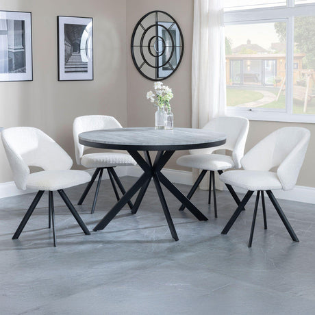 Barking Grey Concrete Effect 4 Seater Round Dining Set with Spider Legs - Burano Velvet Fabric Swivel Dining Chair