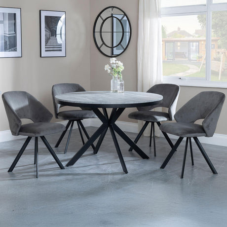 Barking Grey Concrete Effect 4 Seater Round Dining Set with Spider Legs - Burano Velvet Fabric Swivel Dining Chair