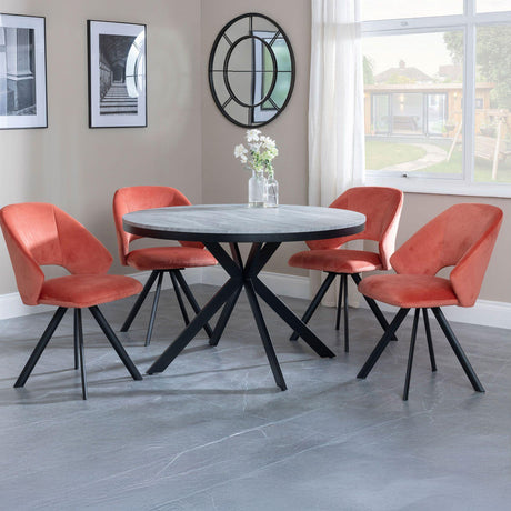 Barking Grey Concrete Effect 4 Seater Round Dining Set with Spider Legs - Burano Velvet Fabric Swivel Dining Chair