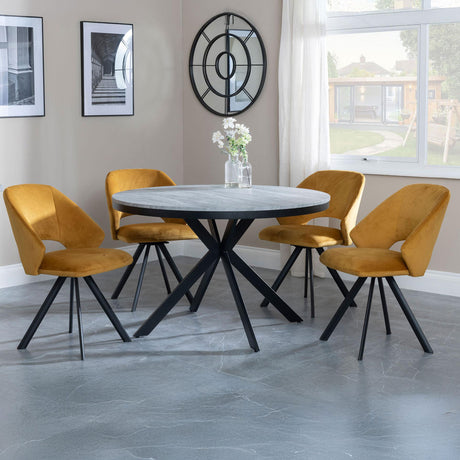 Barking Grey Concrete Effect 4 Seater Round Dining Set with Spider Legs - Burano Velvet Fabric Swivel Dining Chair