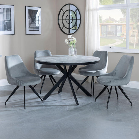 Barking Grey Concrete Effect 4 Seater Round Dining Set with Spider Legs - Diana Velvet Fabric Swivel Dining Chair
