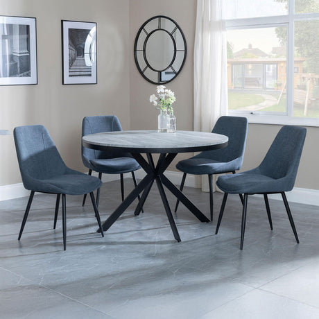 Barking Grey Concrete Effect 4 Seater Round Dining Set with Spider Legs - Rovereto Fabric Dining Chair