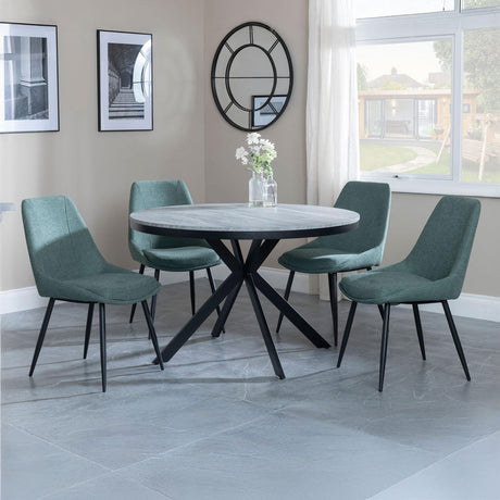 Barking Grey Concrete Effect 4 Seater Round Dining Set with Spider Legs - Rovereto Fabric Dining Chair