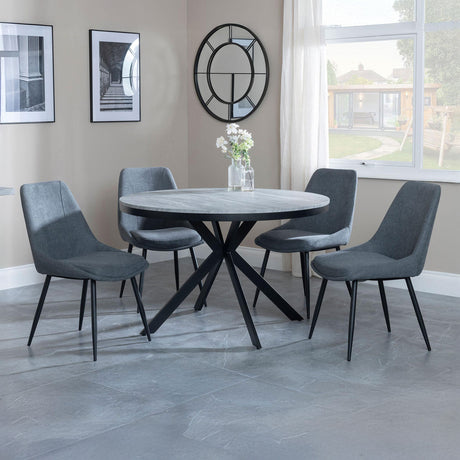 Barking Grey Concrete Effect 4 Seater Round Dining Set with Spider Legs - Rovereto Fabric Dining Chair