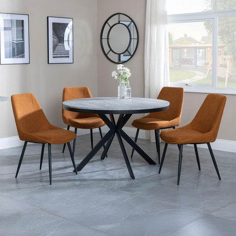 Barking Grey Concrete Effect 4 Seater Round Dining Set with Spider Legs - Rovereto Fabric Dining Chair