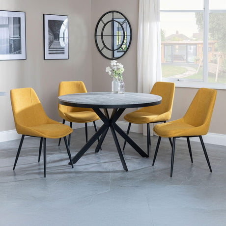 Barking Grey Concrete Effect 4 Seater Round Dining Set with Spider Legs - Rovereto Fabric Dining Chair