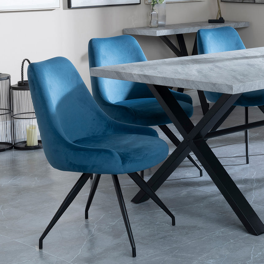 Barking Grey Concrete Dining Set with Cross Legs - Diana Blue Velvet Fabric Swivel Dining Chair