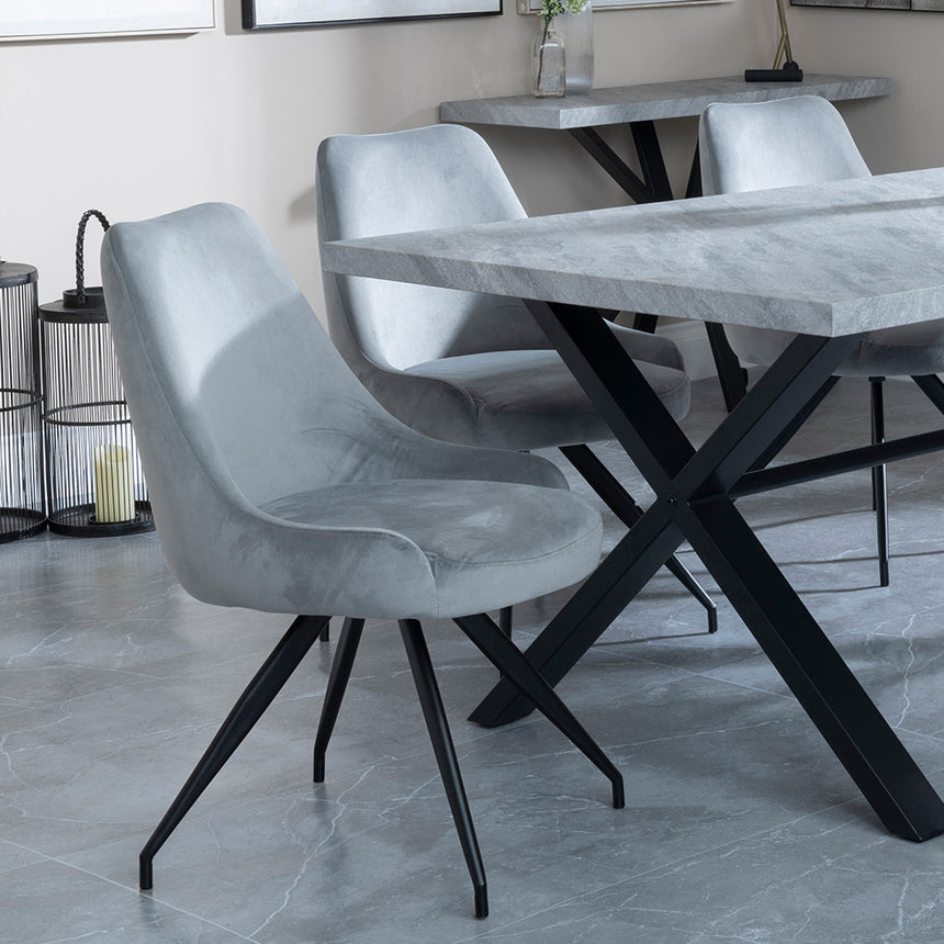 Barking Grey Concrete Dining Set with Cross Legs - Diana Blue Velvet Fabric Swivel Dining Chair