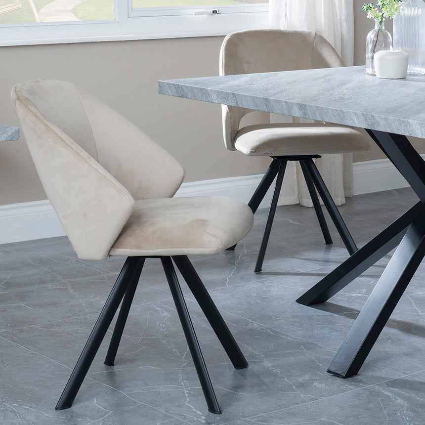 Barking Grey Concrete Dining Set with Spider Legs - Burano Dark Grey Velvet Fabric Swivel Dining Chair
