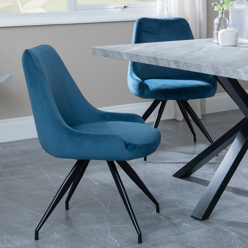 Barking Grey Concrete Dining Set with Spider Legs - Diana Blue Velvet Fabric Swivel Dining Chair