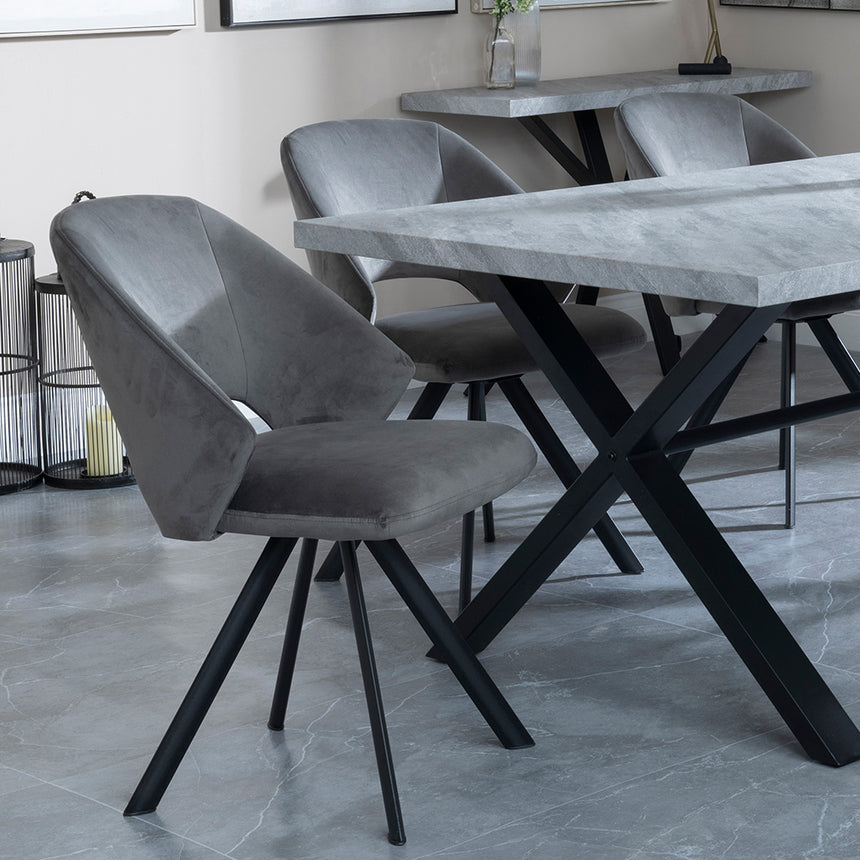 Barking Grey Concrete Dining Set with Cross Legs - Burano Dark Grey Velvet Fabric Swivel Dining Chair