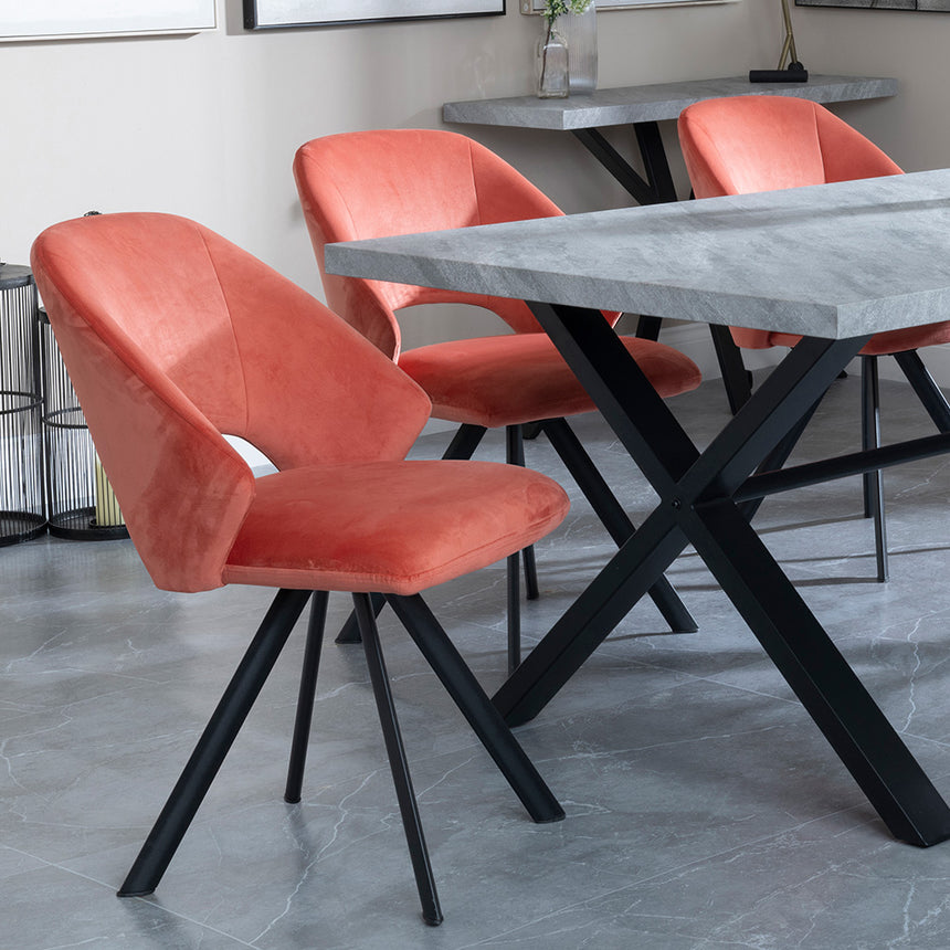 Barking Grey Concrete Dining Set with Cross Legs - Burano Orange Velvet Fabric Swivel Dining Chair